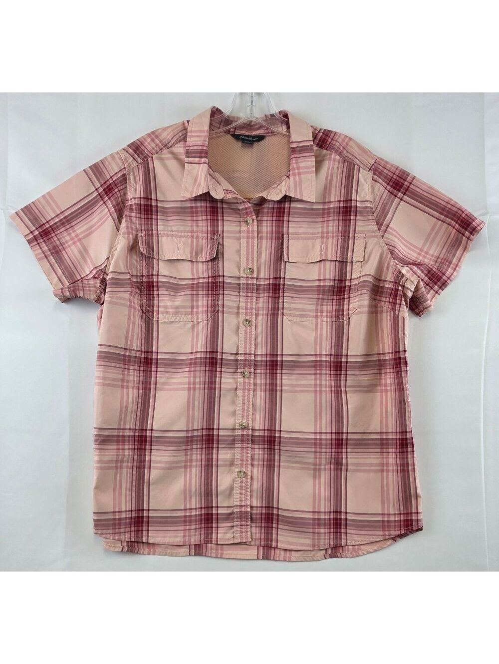 Eddie Bauer Women's XL Short Sleeve Plaid Button-Up Shirt, 90% Polyester 10% Ny